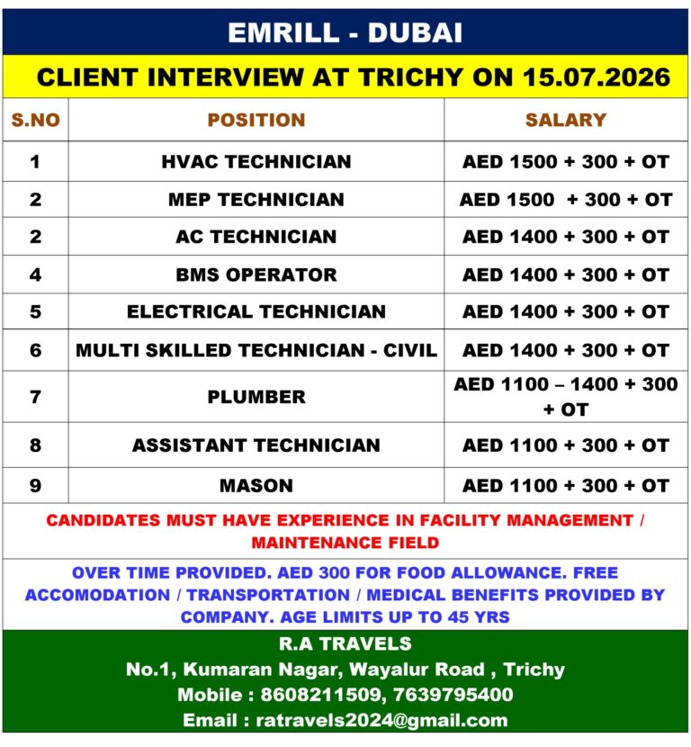 Emrill Dubai Job Vacancies 2026 – Client Interview at Trichy on 15 July | HVAC, MEP, Electrical & More