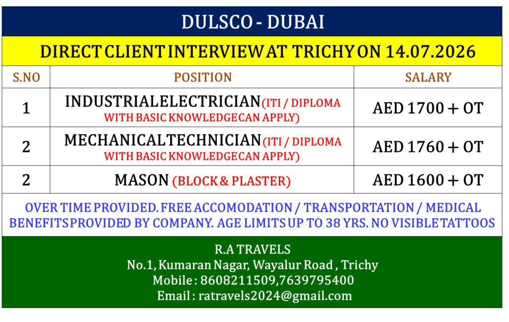 Dulsco Dubai Job Vacancies 2026 – Direct Client Interview at Trichy | Industrial Electrician, Mechanical Technician & Mason Jobs