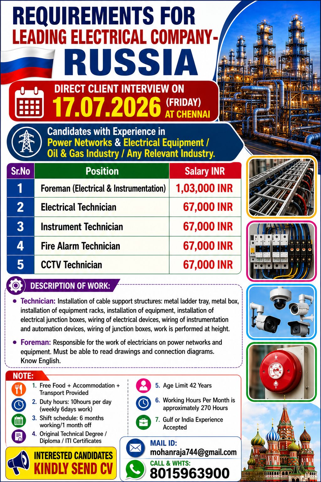 Russia Leading Electrical Company Recruitment 2026 | Direct Client Interview in Chennai | Free Food & Accommodation