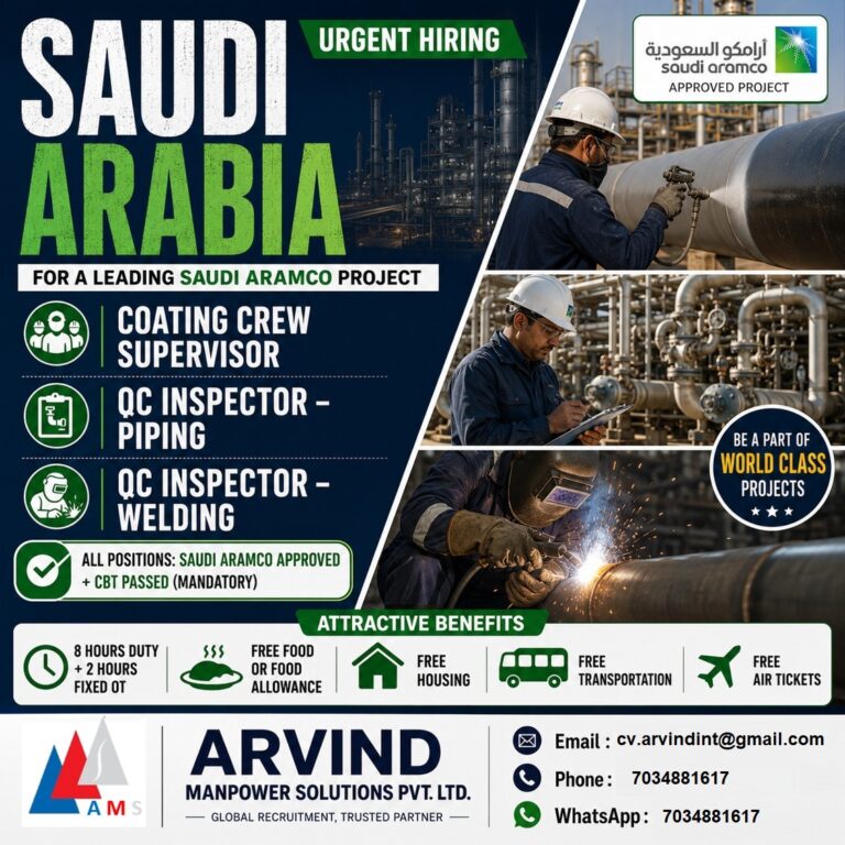 Saudi Arabia – Urgent Hiring for Saudi Aramco Approved Project | Free Food, Accommodation & Air Ticket