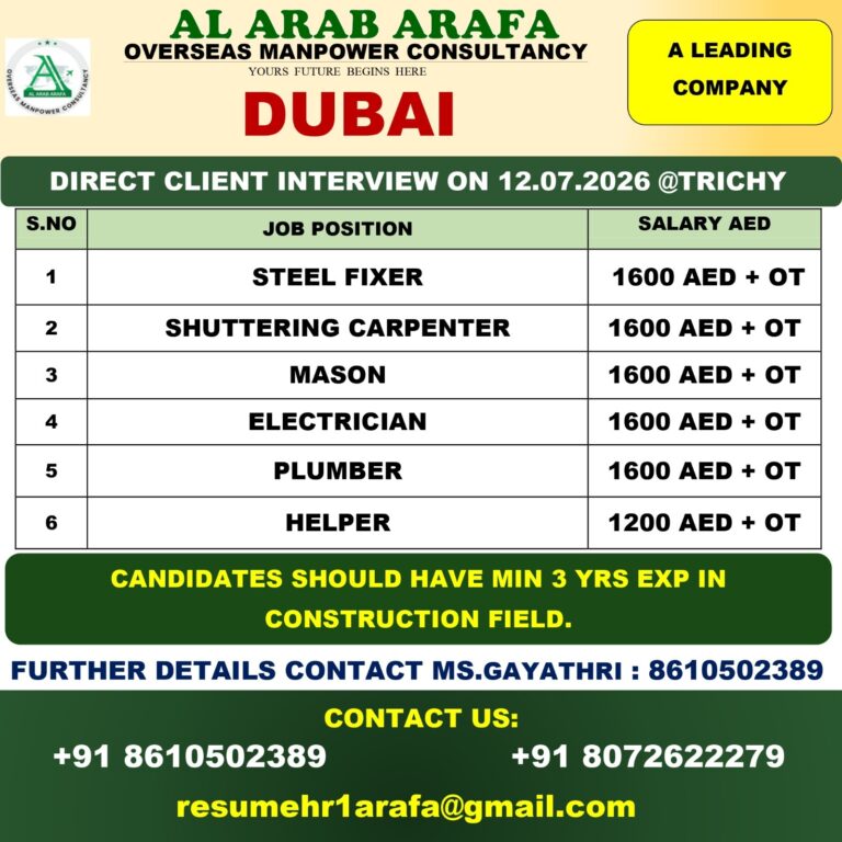 Dubai Construction Company Job Vacancies 2026 – Direct Client Interview at Trichy | Steel Fixer, Electrician, Plumber & Helper Jobs