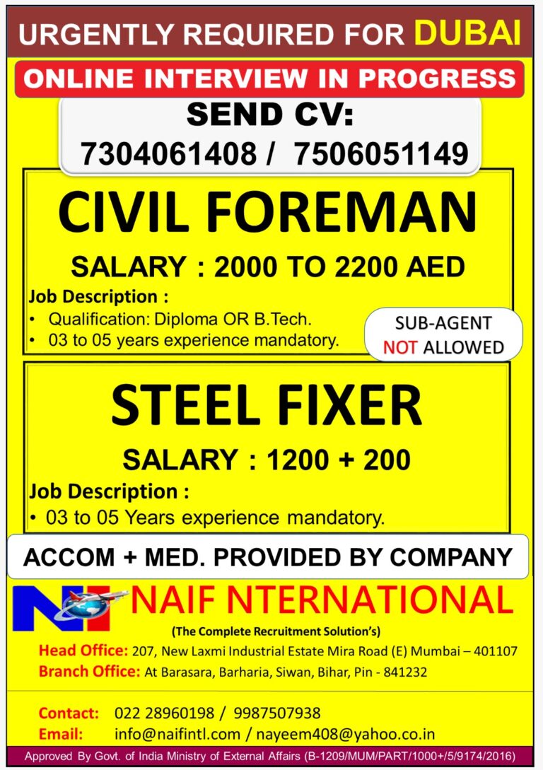 Civil Foreman & Steel Fixer Jobs in Dubai 2026 – Online Interview | Apply Now