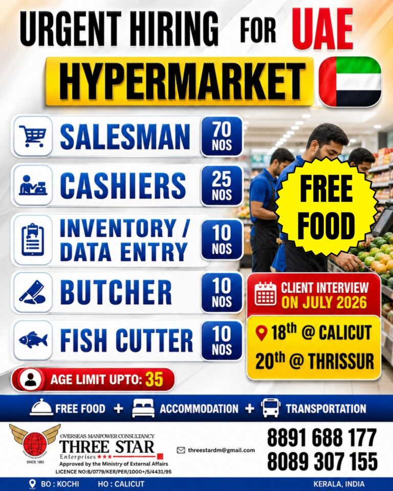 UAE Hypermarket Job Vacancies 2026 – Salesman, Cashier, Inventory & More | Client Interview in Kerala
