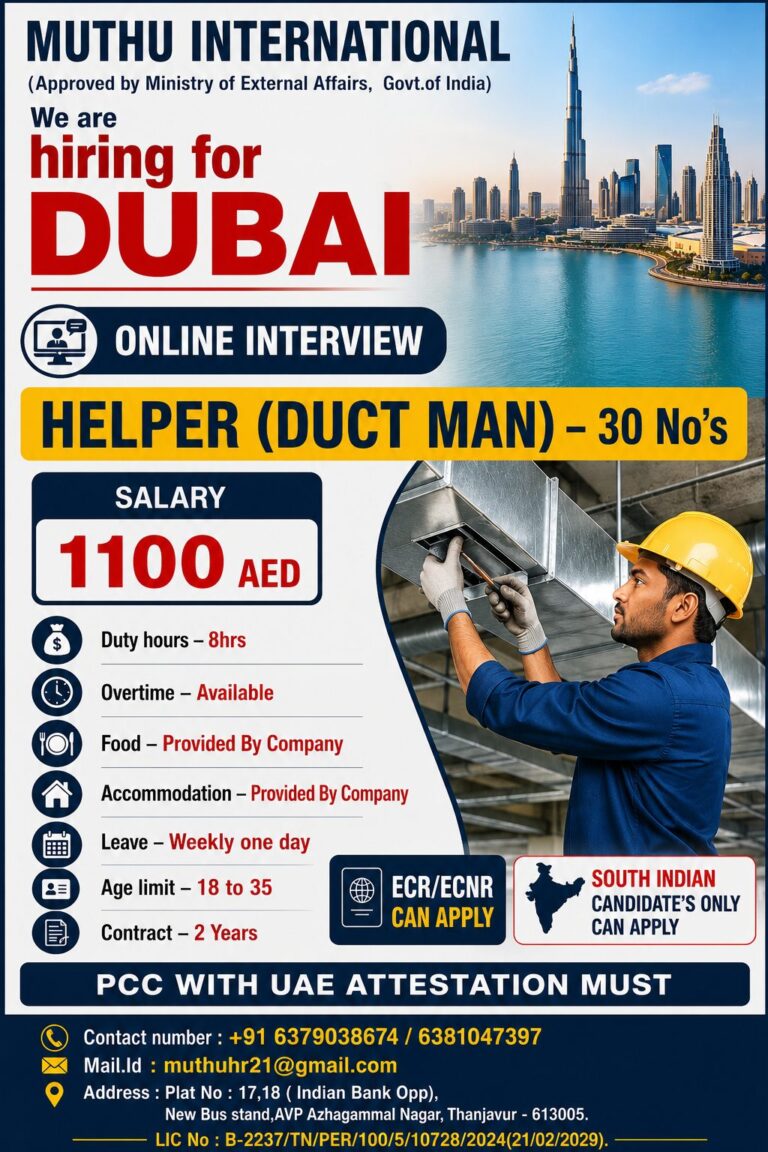 Helper (Duct Man) Jobs in Dubai 2026 – Online Interview | Salary 1100 AED | Free Food & Accommodation