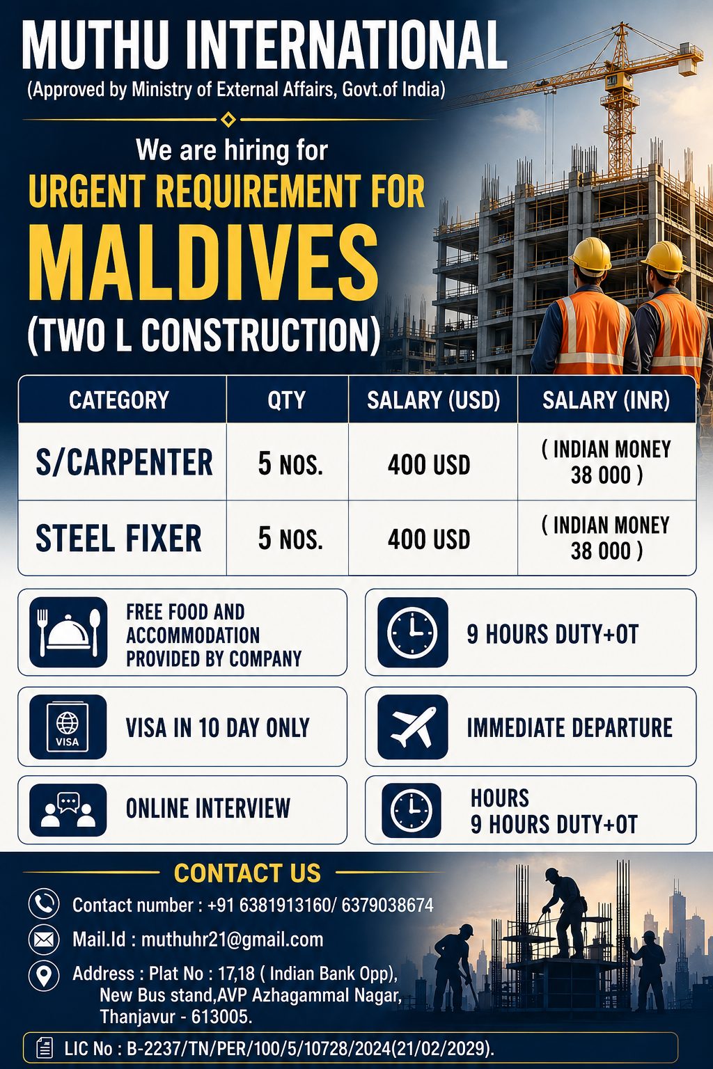 Maldives Construction Jobs 2026 – Urgent Hiring for Shuttering Carpenters & Steel Fixers