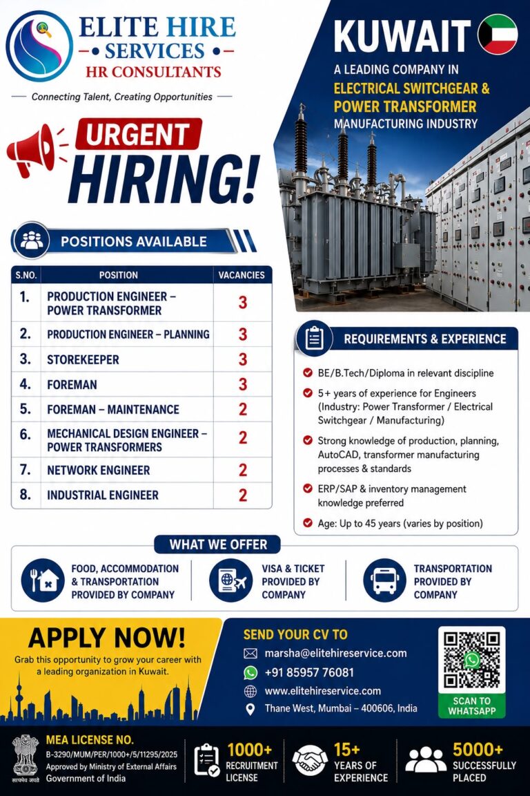 Kuwait Electrical Switchgear & Power Transformer Company Jobs 2026 – Apply for Engineers, Foreman & Storekeeper