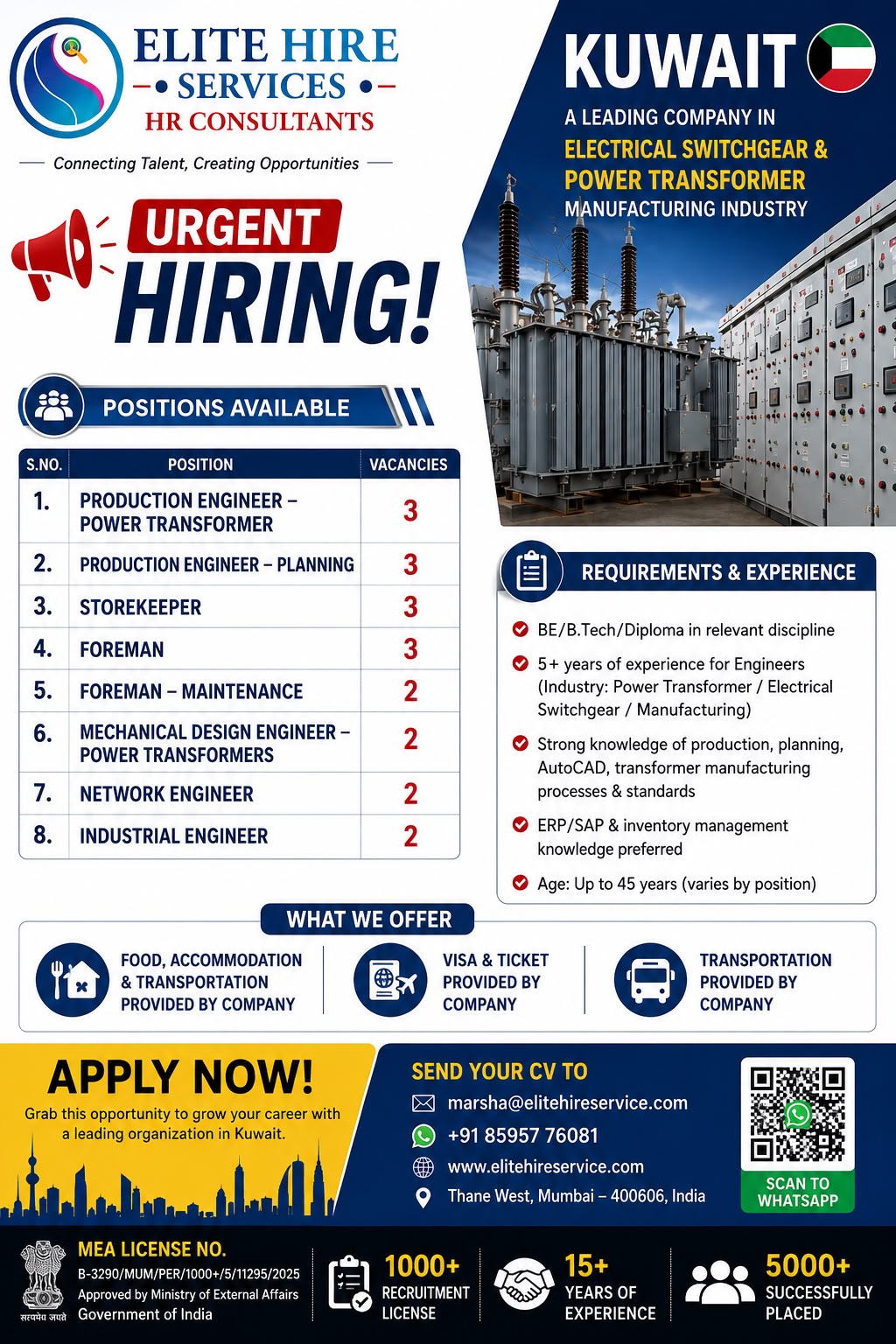 Kuwait Electrical Switchgear & Power Transformer Company Jobs 2026 – Apply for Engineers, Foreman & Storekeeper