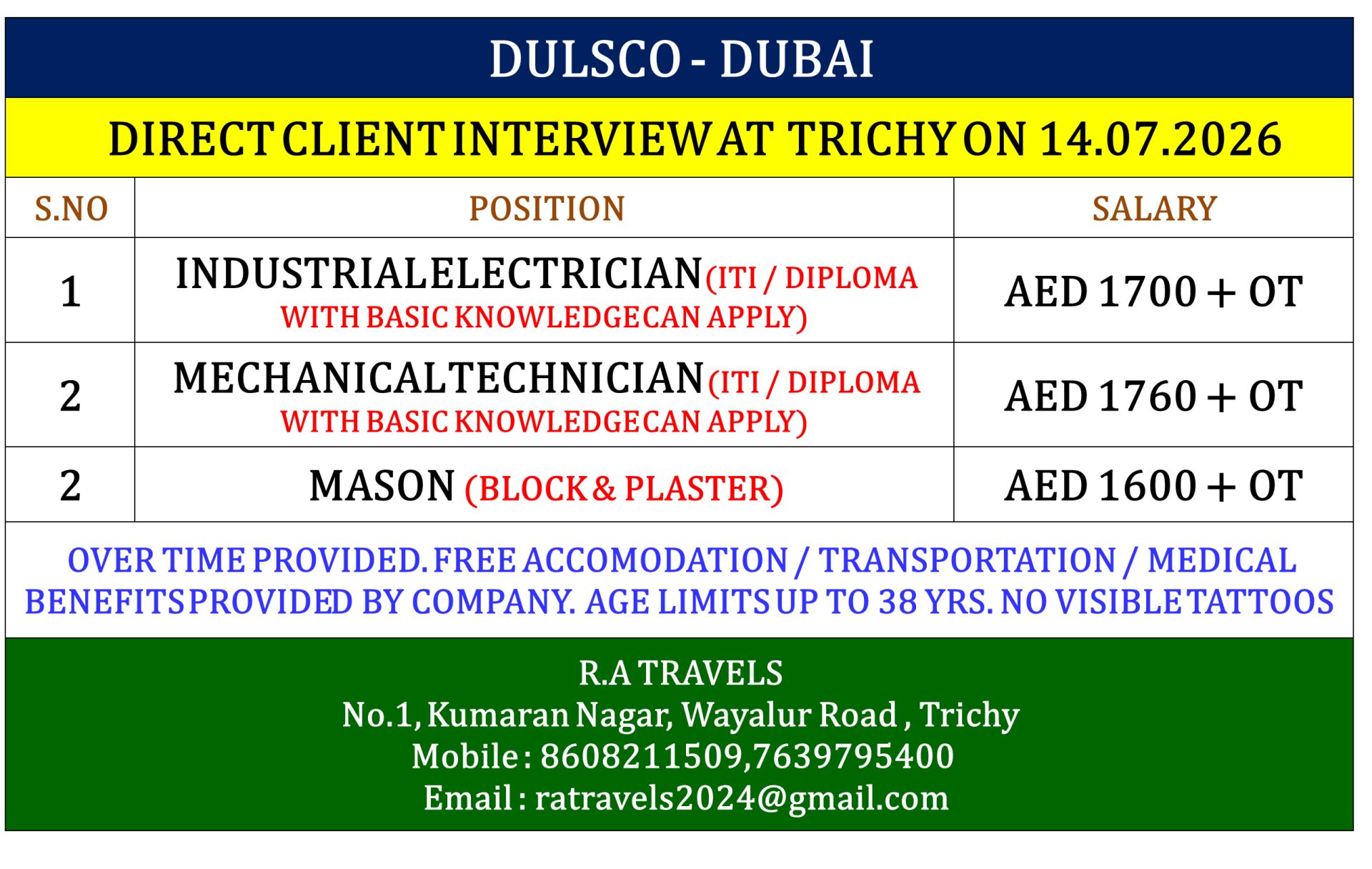 DULSCO Dubai Recruitment 2026 – Direct Client Interview at Trichy | Electrician, Mechanical Technician & Mason Jobs