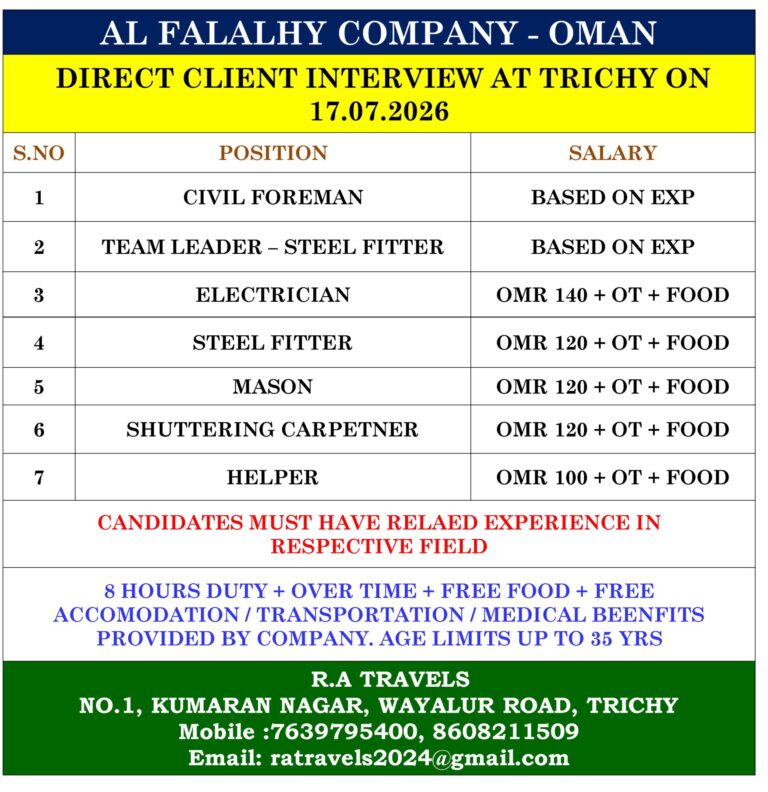 AL FALALHY Company Oman Jobs 2026 – Direct Client Interview at Trichy | Civil Foreman, Electrician, Mason & More