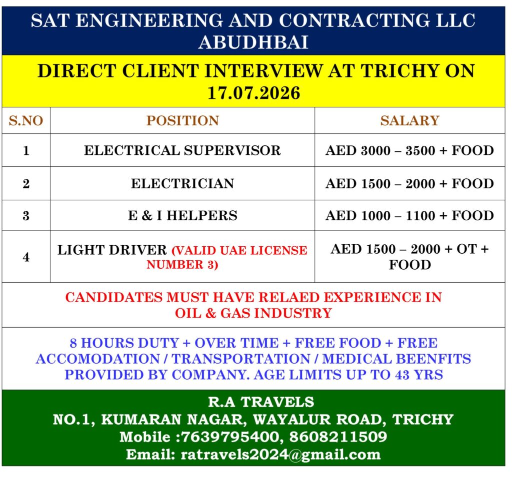 SAT Engineering and Contracting LLC Abu Dhabi Hiring 2026 – Direct Client Interview at Trichy | Electrical, Driver & Helper Jobs 1 SAT Engineering and Contracting LLC Abu Dhabi Hiring 2026 – Direct Client Interview at Trichy | Electrical, Driver & Helper Jobs