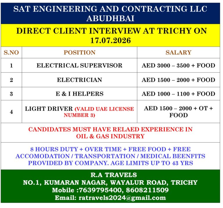 SAT Engineering and Contracting LLC Abu Dhabi Hiring 2026 – Direct Client Interview at Trichy | Electrical, Driver & Helper Jobs