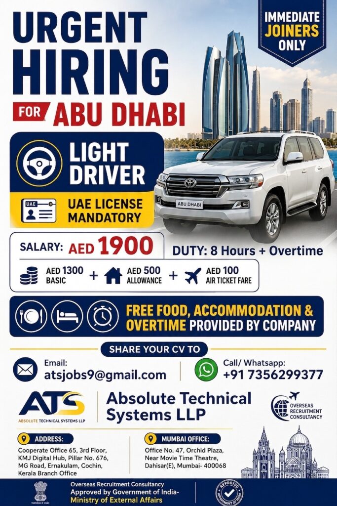 Light Driver Jobs in Abu Dhabi 2026 | Immediate Joiners | ATS Absolute Technical Systems LLP