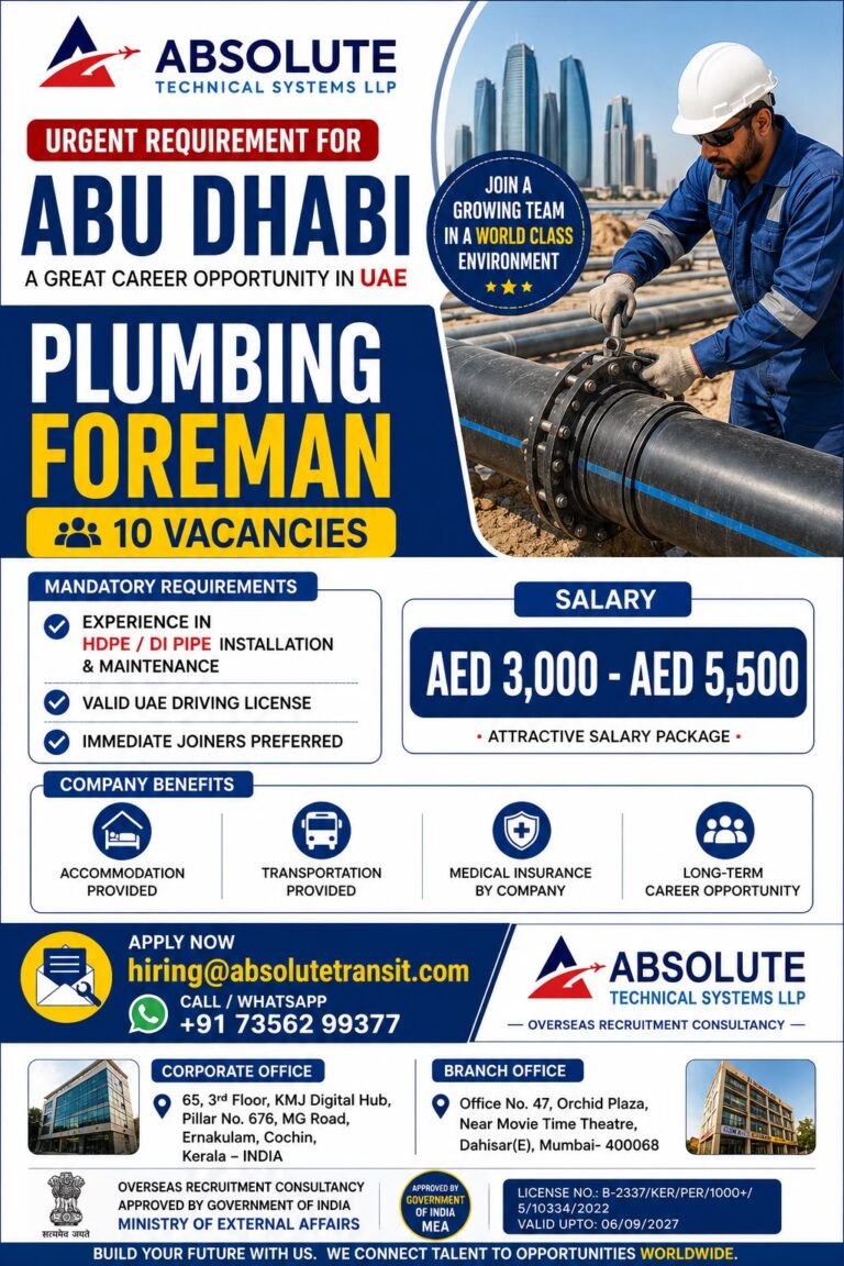 Plumbing Foreman Jobs in Abu Dhabi, UAE | Salary Up to AED 5,500 | Apply Now