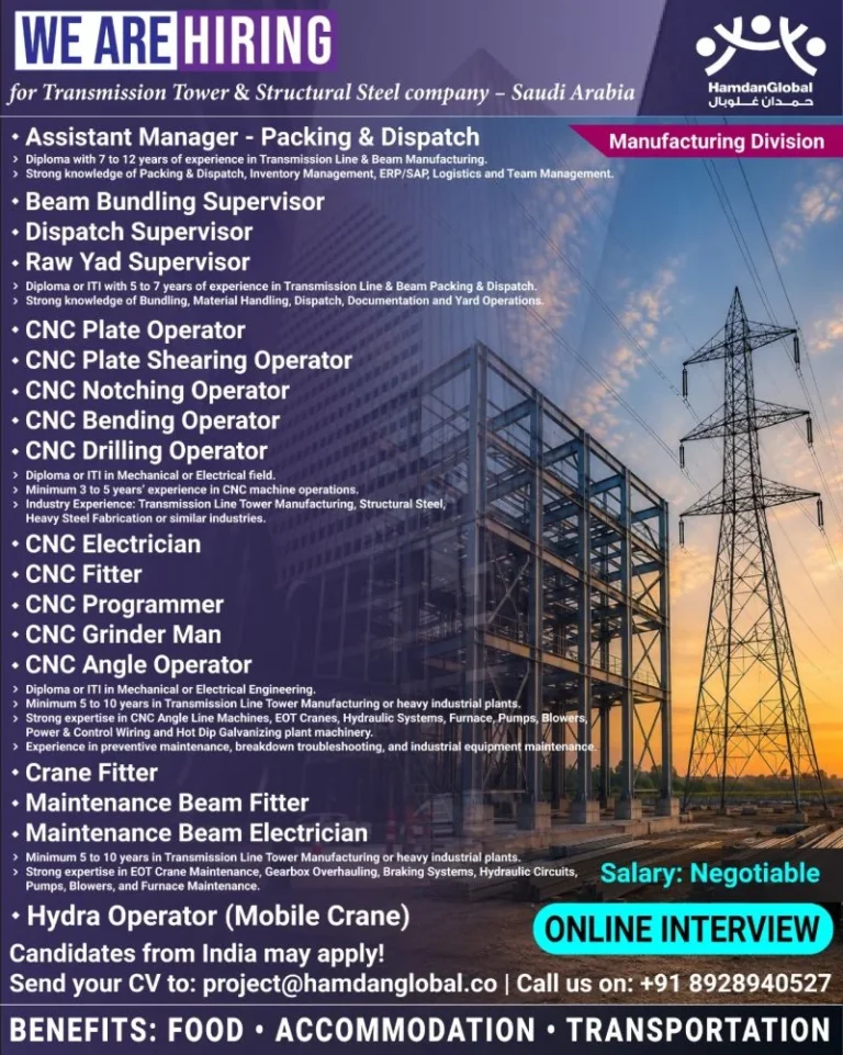 Transmission Tower & Structural Steel Company Jobs in Saudi Arabia 2026 | Online Interview