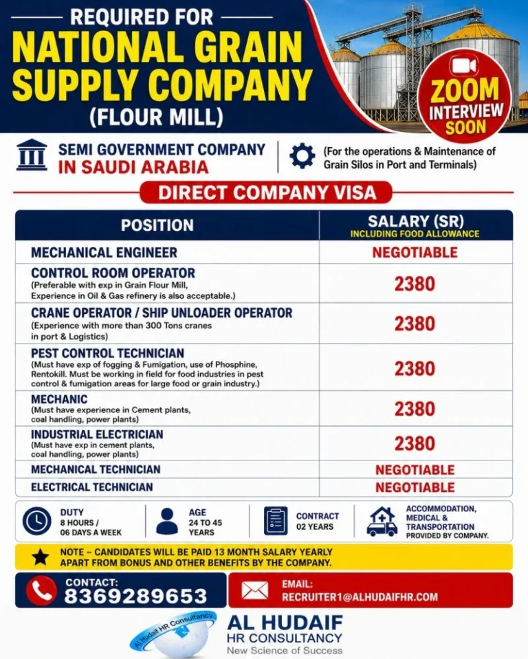 National Grain Supply Company (Flour Mill) Jobs in Saudi Arabia 2026 – Direct Company Visa | Zoom Interview