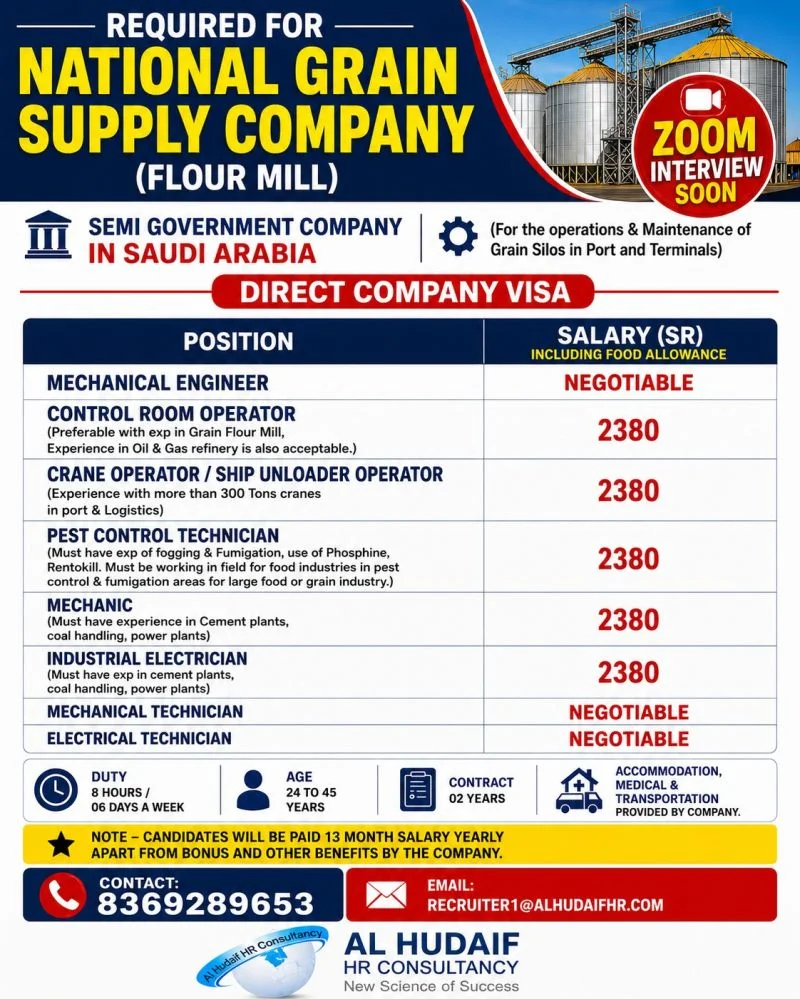 National Grain Supply Company (Flour Mill) Jobs in Saudi Arabia 2026 – Direct Company Visa | Zoom Interview