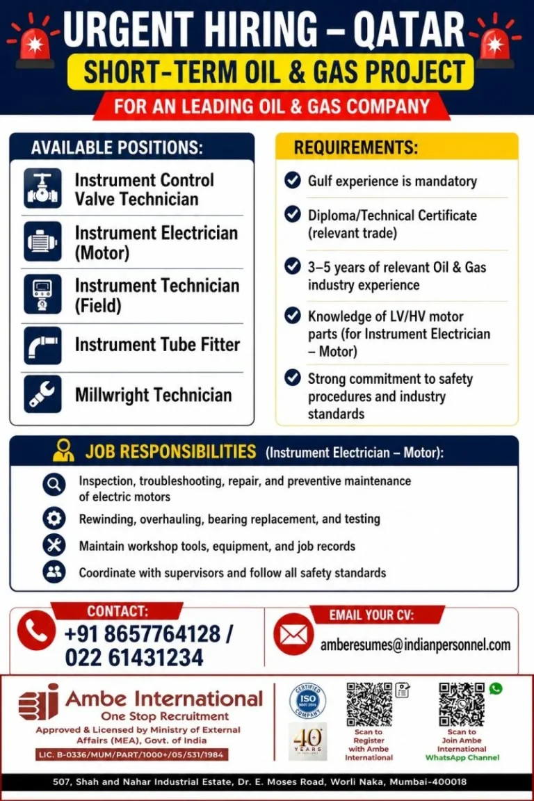 Urgent Hiring for Qatar – Short-Term Oil & Gas Project | Multiple Instrument & Mechanical Vacancies