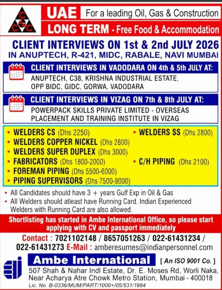 UAE Oil & Gas & Construction Jobs 2026 – Client Interviews in Mumbai, Vadodara & Vizag
