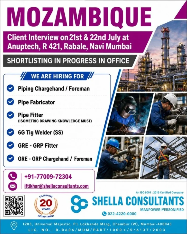 Mozambique Oil & Gas Shutdown Project Jobs 2026 – Client Interview in Navi Mumbai