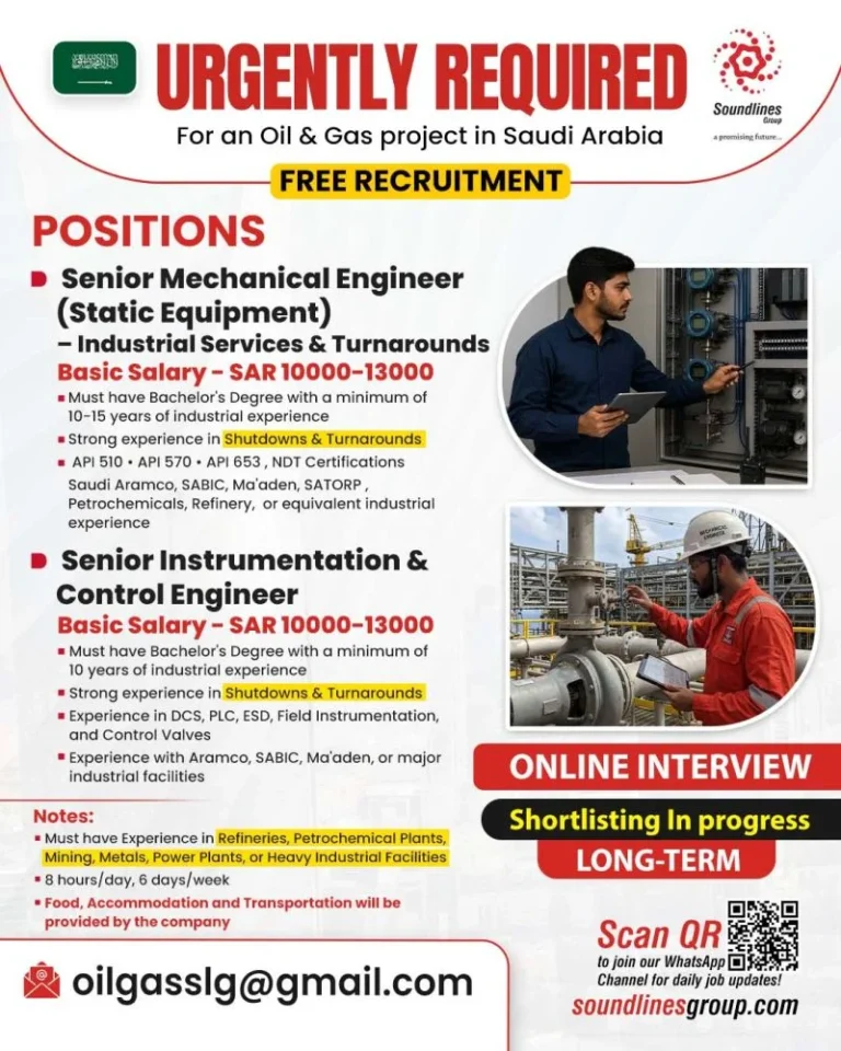 Senior Mechanical & Instrumentation Engineer Jobs in Saudi Arabia 2026 | Free Recruitment