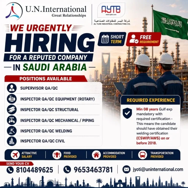 Saudi Arabia QA/QC Jobs 2026 – Urgent Hiring for Al Yusr Industrial Contracting Company