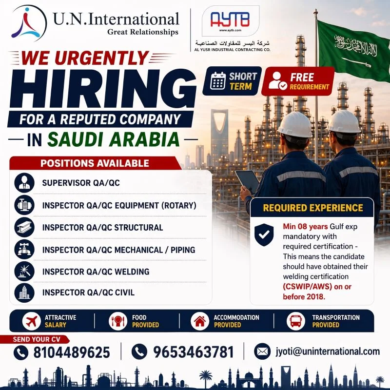 Saudi Arabia QA/QC Jobs 2026 – Urgent Hiring for Al Yusr Industrial Contracting Company