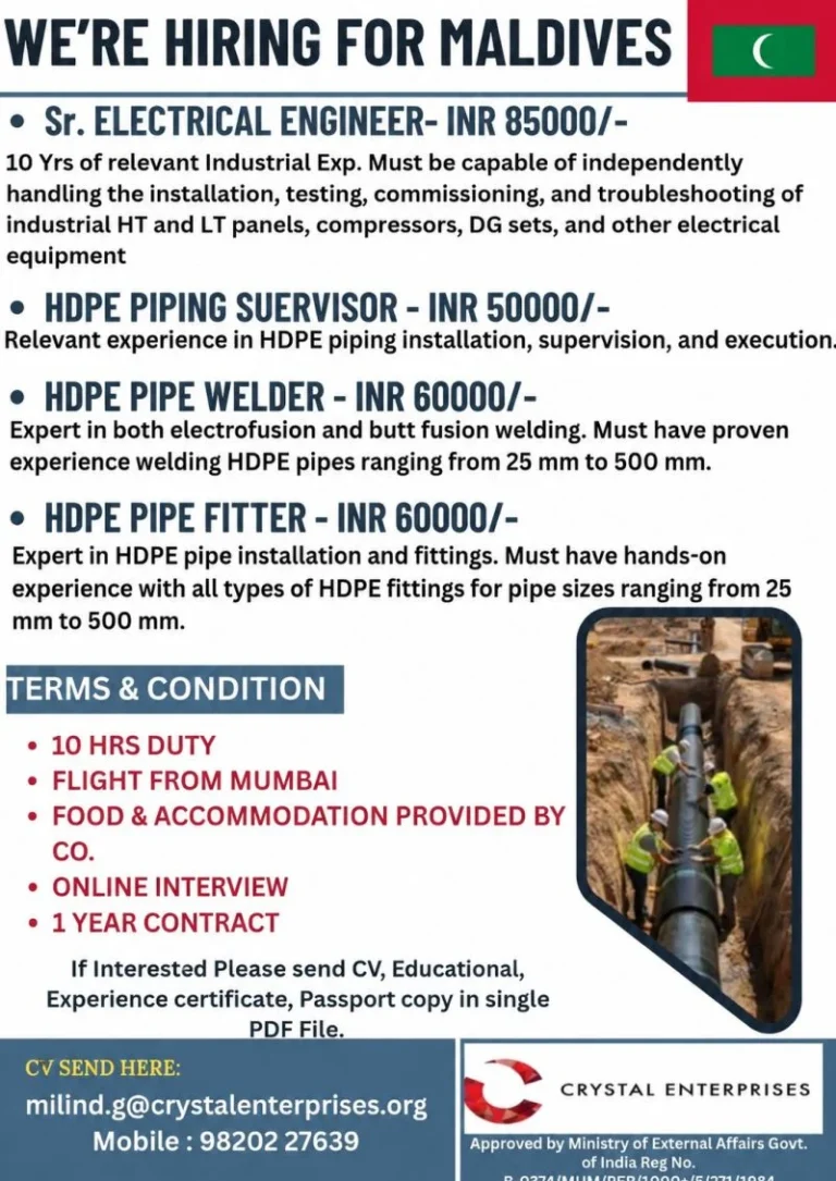 Maldives Job Vacancies 2026 – Electrical Engineer, HDPE Piping Supervisor, Pipe Welder & Pipe Fitter