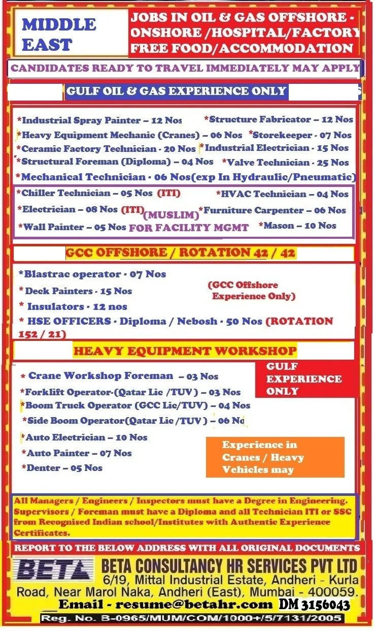 Middle East Oil & Gas, Offshore, Facility & Heavy Equipment Jobs 2026 | Immediate Hiring