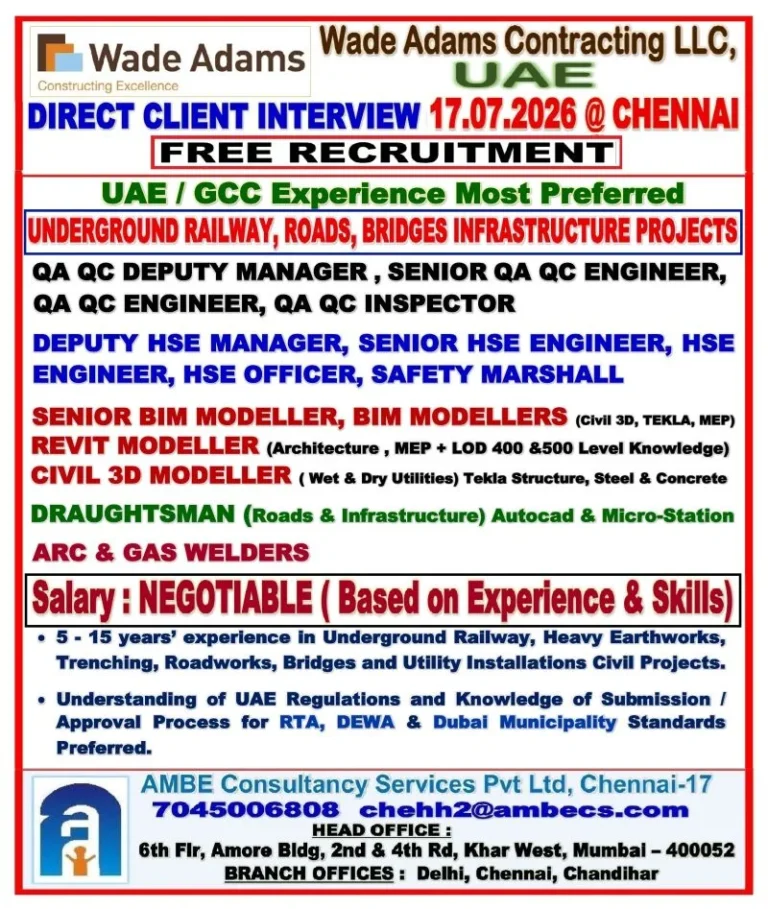 Wade Adams Contracting LLC UAE Jobs 2026 – Direct Client Interview in Chennai | Free Recruitment
