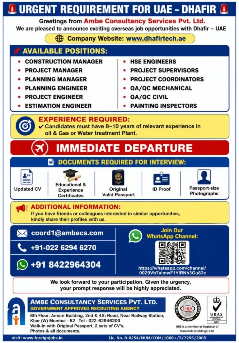 Urgent UAE Job Openings 2026 – Dhafir UAE | Immediate Departure | Apply Now
