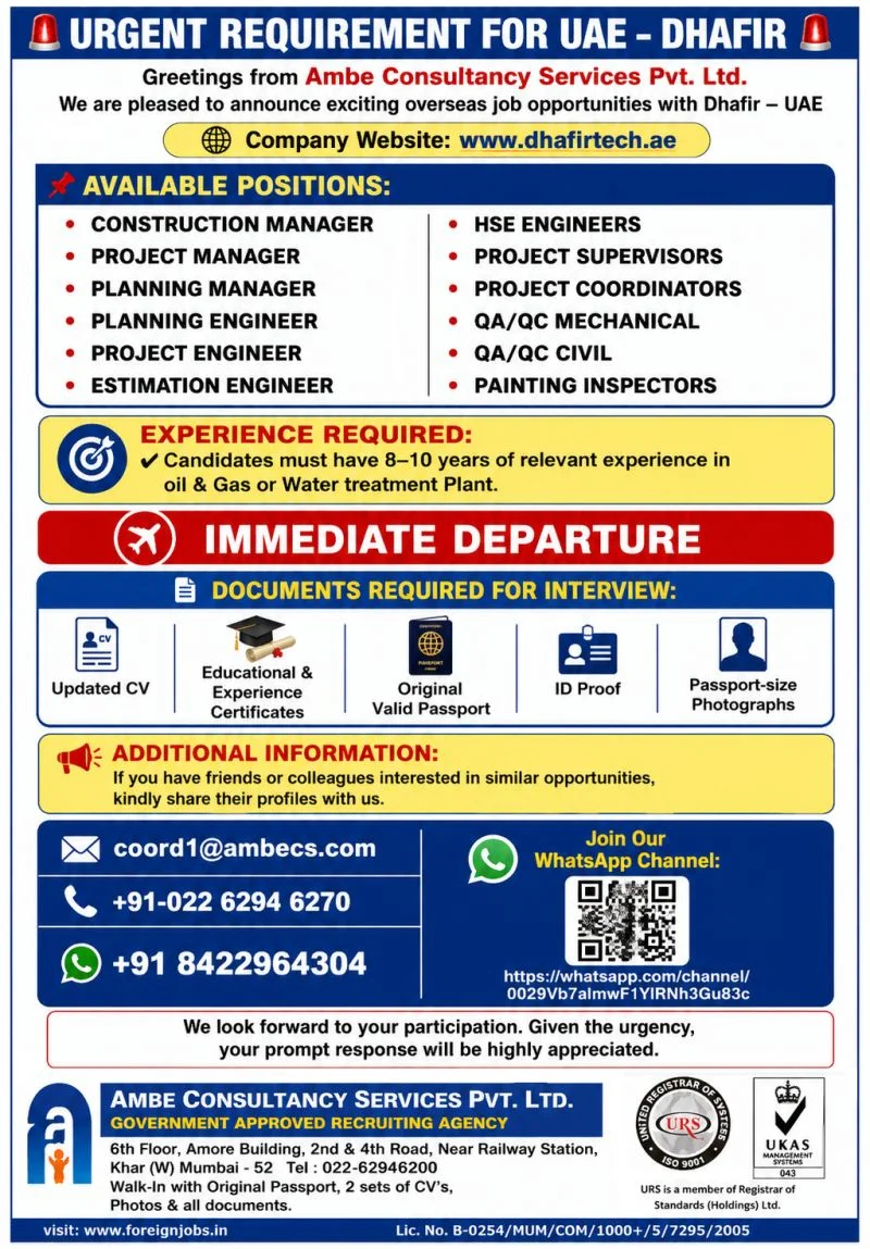 Urgent UAE Job Openings 2026 – Dhafir UAE | Immediate Departure | Apply Now