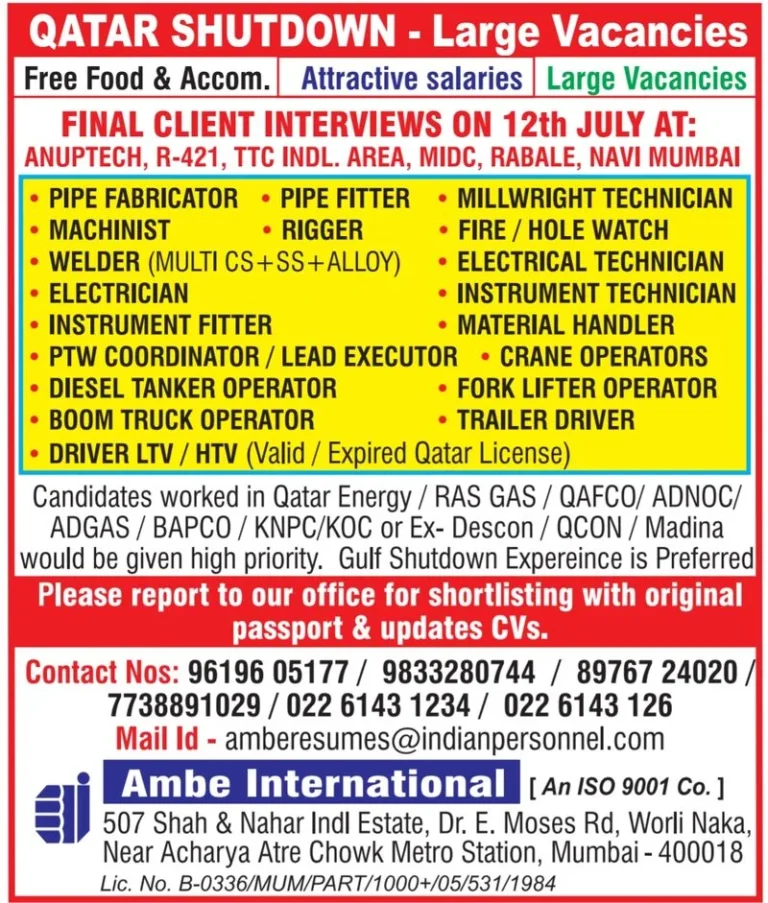 Qatar Shutdown Project – Large Vacancies | Free Food & Accommodation | Client Interview on 12th July