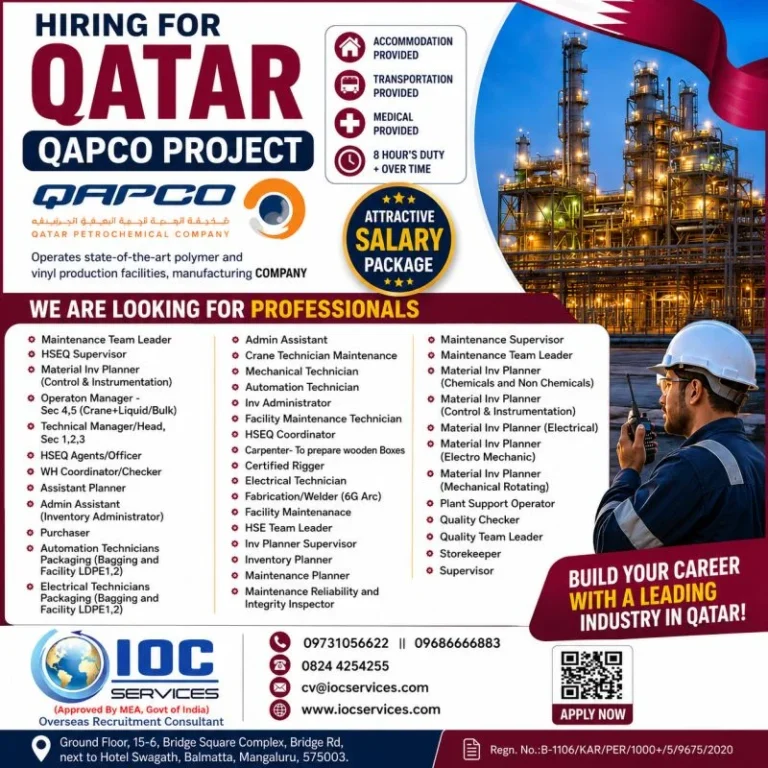QAPCO Qatar Project Recruitment 2026 – Multiple Job Openings | Apply Through IOC Services