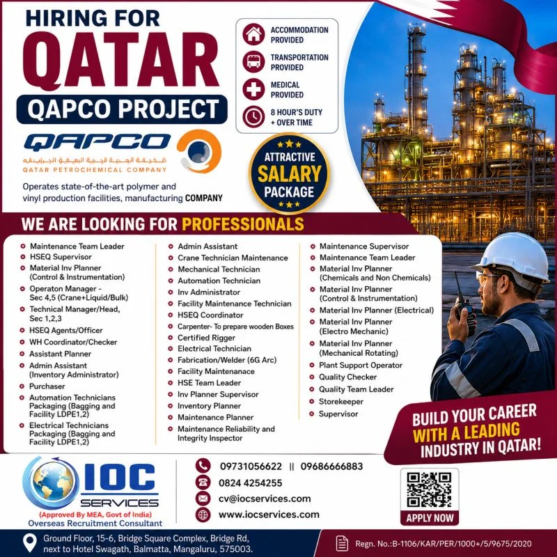 QAPCO Qatar Project Recruitment 2026 – Multiple Job Openings | Apply Through IOC Services