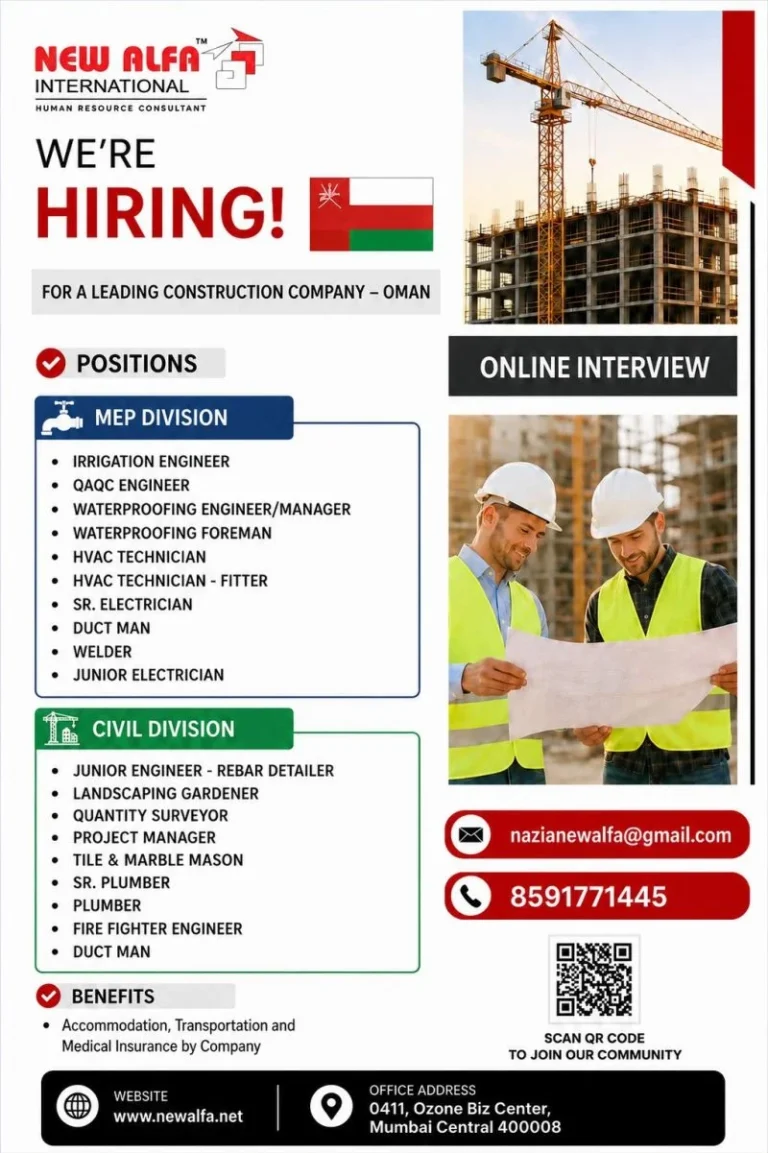 Oman Construction Company Recruitment 2026 – Online Interview | Multiple MEP & Civil Vacancies