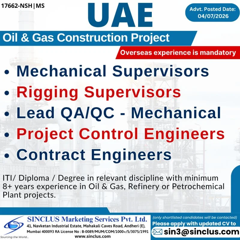 UAE Oil & Gas Construction Project Jobs 2026 – Mechanical, Rigging, QA/QC & Engineering Vacancies