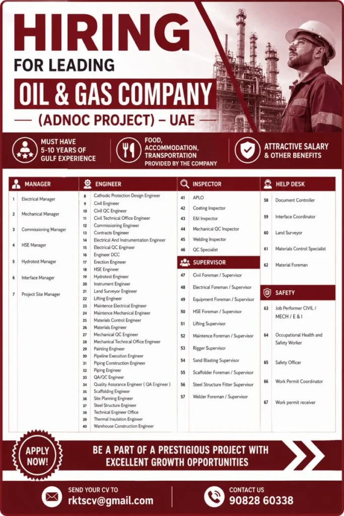 Hiring for Leading Oil & Gas Company – ADNOC Project UAE | Multiple Vacancies 2026 1 Hiring for Leading Oil & Gas Company – ADNOC Project UAE | Multiple Vacancies 2026