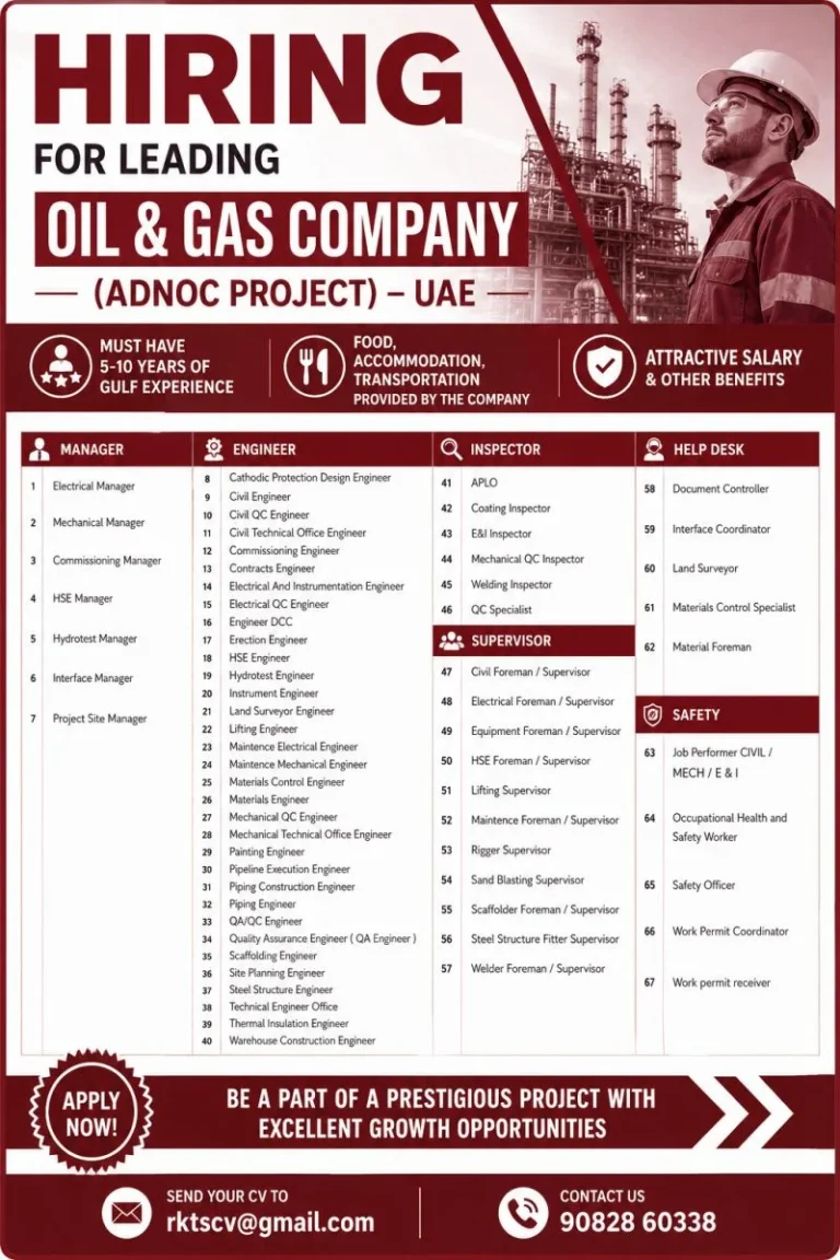 Hiring for Leading Oil & Gas Company – ADNOC Project UAE | Multiple Vacancies 2026