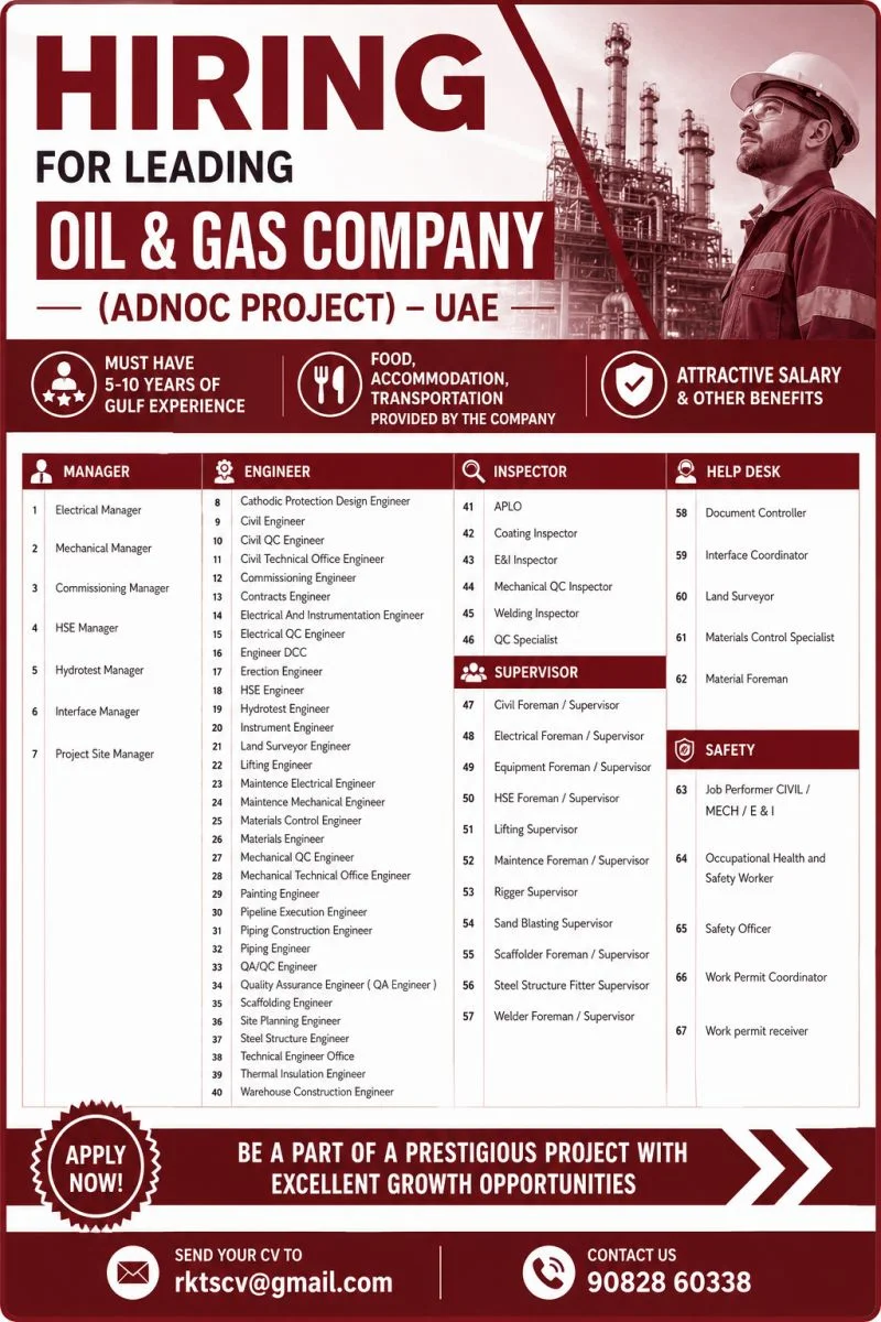 Hiring for Leading Oil & Gas Company – ADNOC Project UAE | Multiple Vacancies 2026