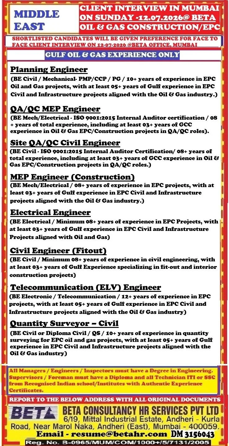 Middle East Oil & Gas EPC Jobs 2026 – Client Interview in Mumbai | Apply Now