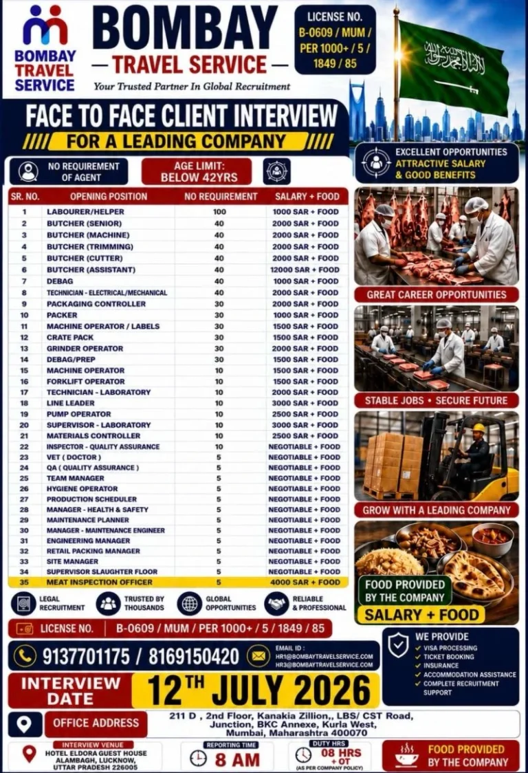 Saudi Arabia Meat Processing Company Jobs 2026 | Face-to-Face Interview on 12 July 2026