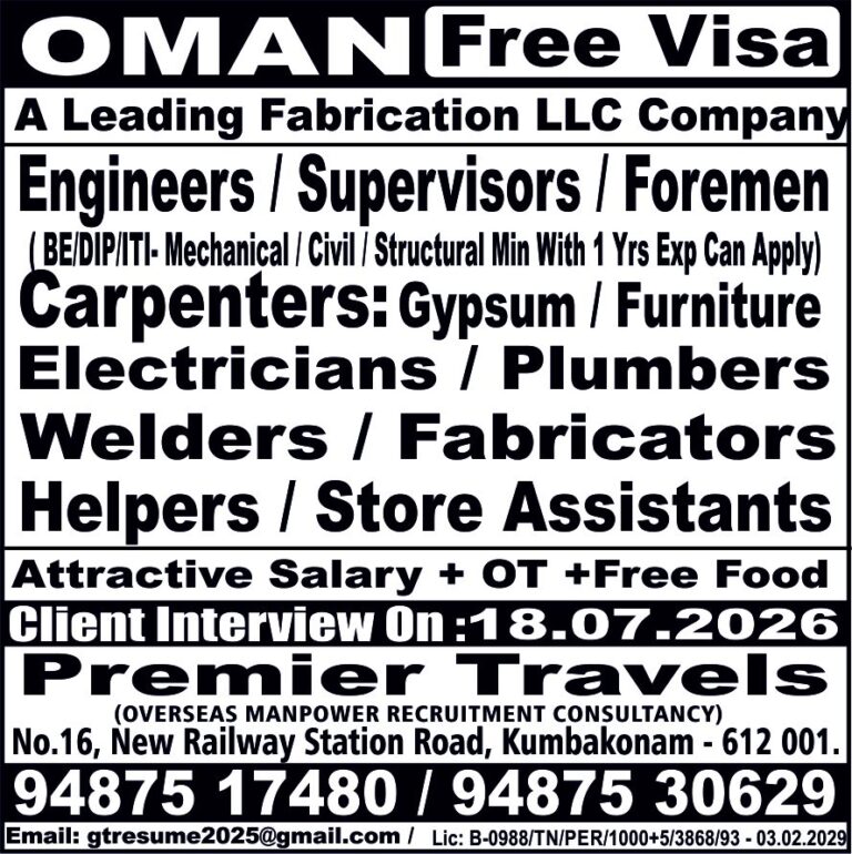 Oman Free Visa Jobs 2026 – Engineers, Supervisors, Welders & More | Client Interview on 18 July 2026