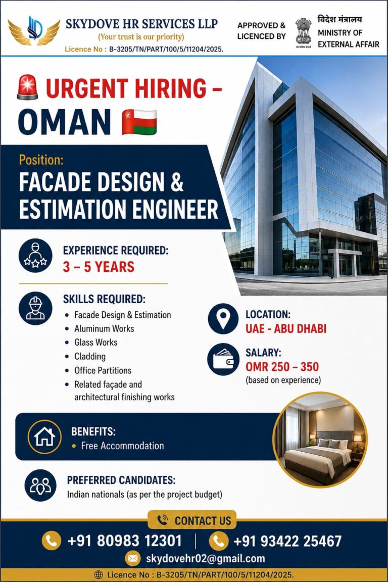 Facade Design & Estimation Engineer Jobs in Oman 2026 | Free Accommodation | Apply Now