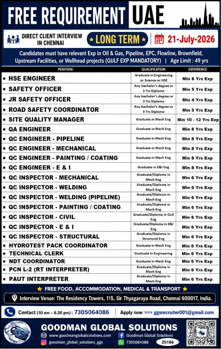 UAE Oil & Gas Jobs 2026 – Free Recruitment | Direct Client Interview in Chennai | Long-Term Projects