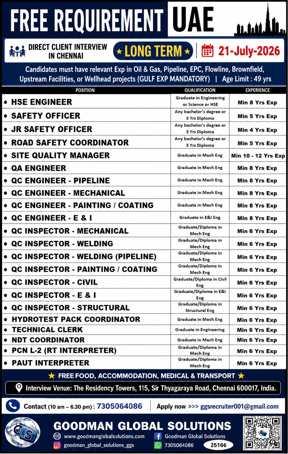 UAE Oil & Gas Jobs 2026 – Free Recruitment | Direct Client Interview in Chennai | Long-Term Projects