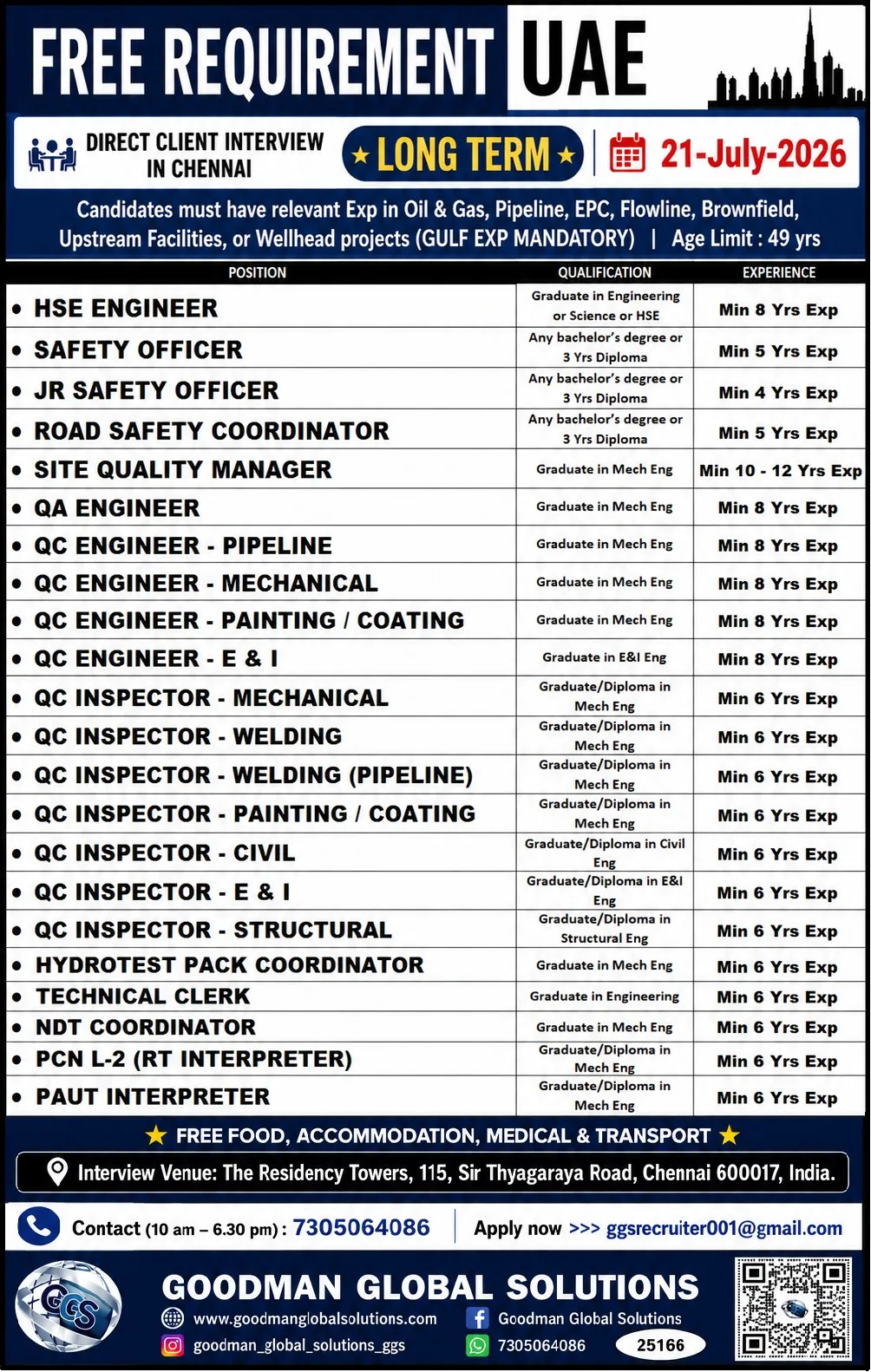 UAE Oil & Gas Jobs 2026 – Free Recruitment | Direct Client Interview in Chennai | Long-Term Projects