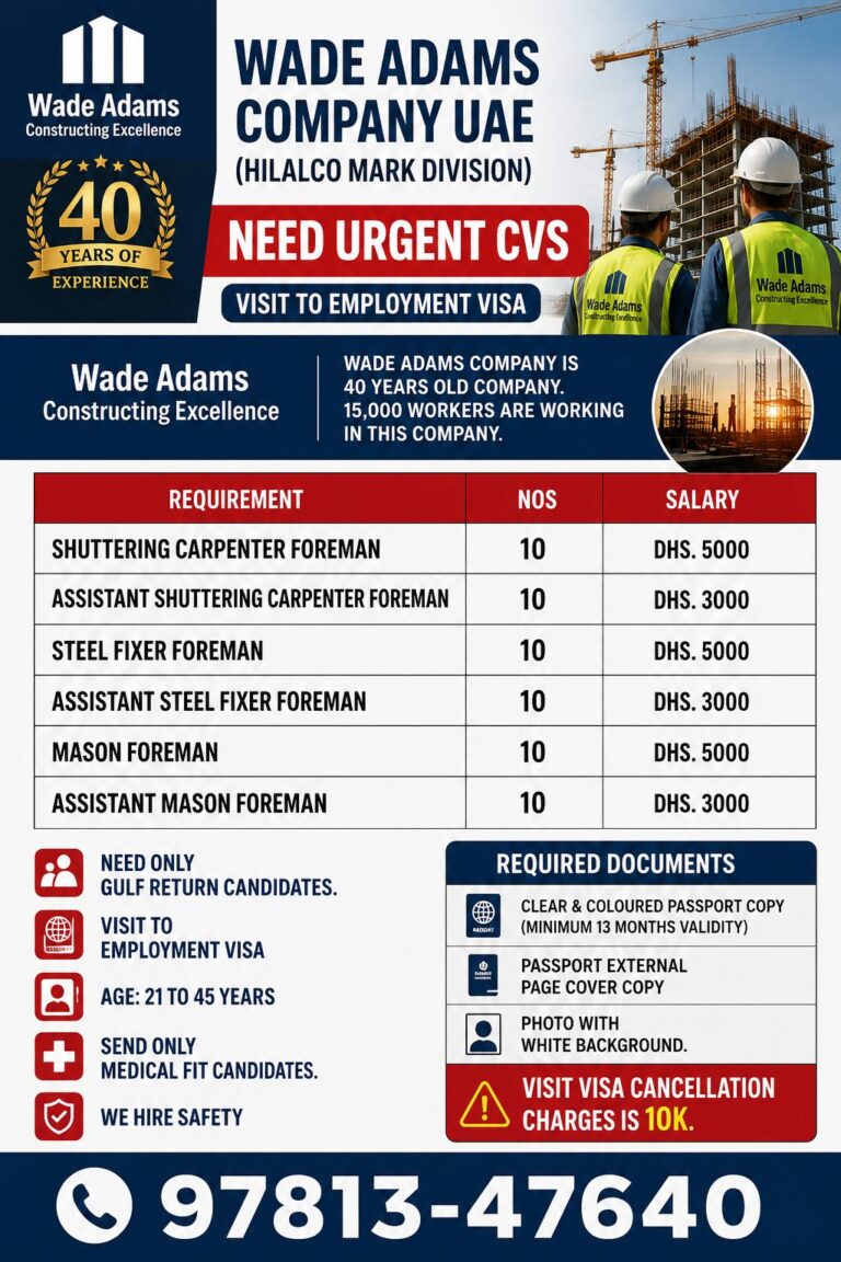 Wade Adams Company UAE (Hilalco Mark Division) – Urgent Construction Jobs in UAE 2026