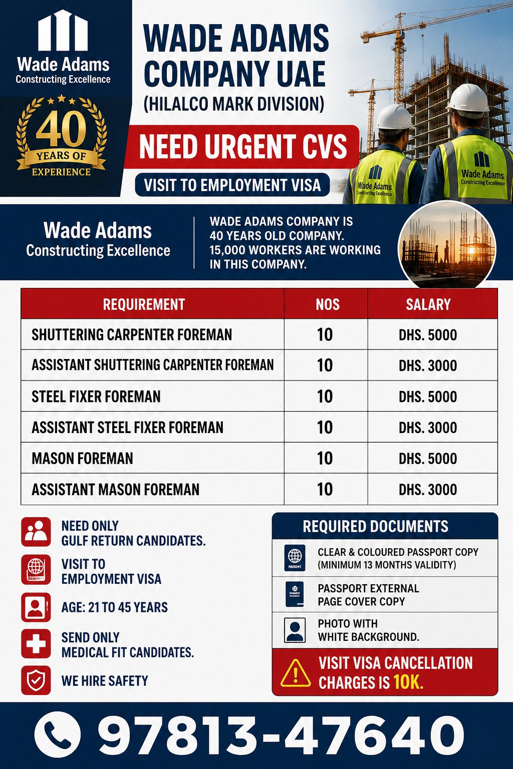 Wade Adams Company UAE (Hilalco Mark Division) – Urgent Construction Jobs in UAE 2026