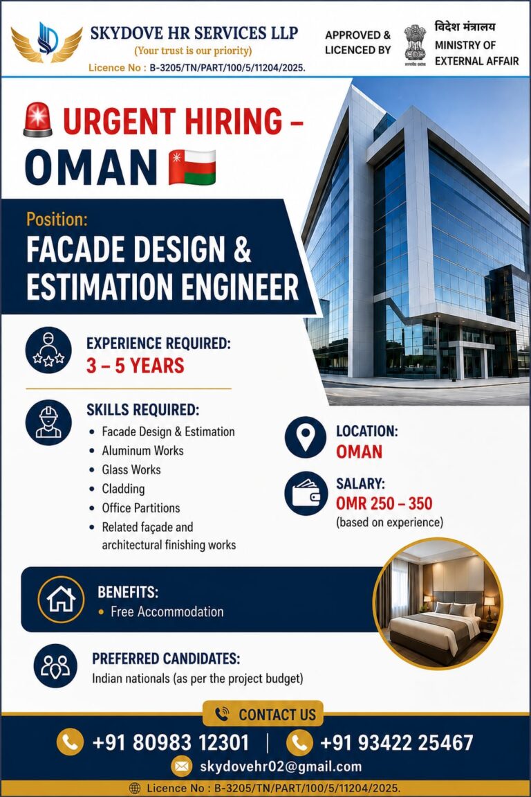 Facade Design & Estimation Engineer Jobs in Oman 2026 | Free Accommodation | Apply Now