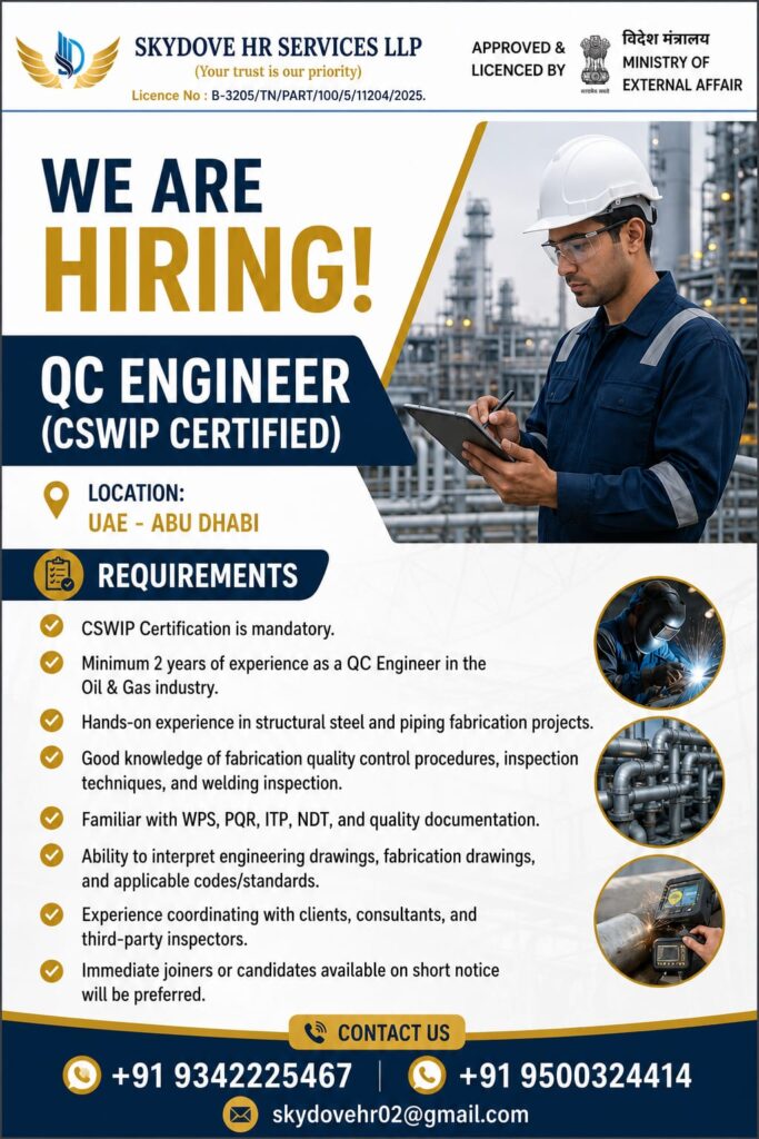 QC Engineer (CSWIP Certified) Jobs in Abu Dhabi, UAE – Oil & Gas Career Opportunity